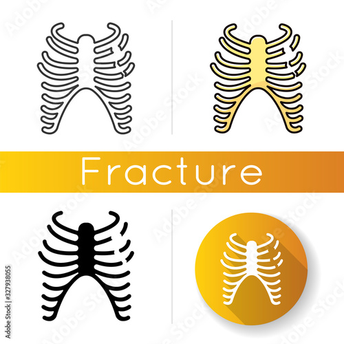 Rib fracture icon. Chest injury. Broken bones. Wounded rib cage. Accident. Healthcare. Medical condition. Hurt body part. Linear black and RGB color styles. Isolated vector illustrations