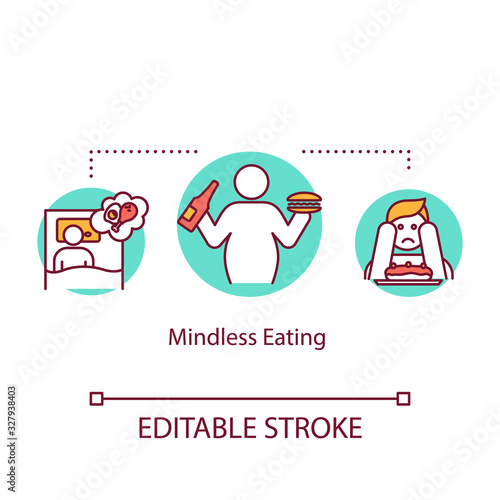 Mindless eating concept icon. Unhealthy nutrition, overeating idea thin line illustration. Late night snacks, junk food and emotional eating. Vector isolated outline RGB color drawing. Editable stroke