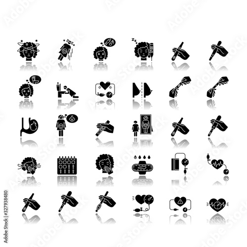 Early pregnancy symptom drop shadow black glyph icons set. Pregnant woman. Positive test. Smell sensitivity. Nausea from morning sickness. Breast change. Isolated vector illustrations on white space