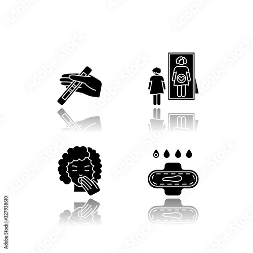 Early pregnancy symptom drop shadow black glyph icons set. Positive test for pregnant woman. Intuitive feeling of caring baby. Slight bleeding from period. Isolated vector illustrations on white space