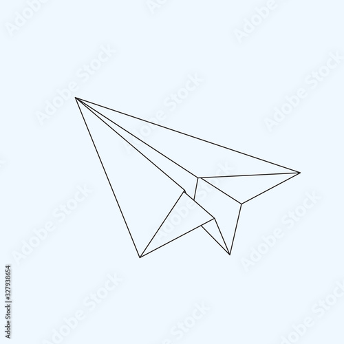 Paper plane flat line icon isolated on light blue background. Contour symbol of a papercraft origami airplane. Vector eps8 linear illustration.