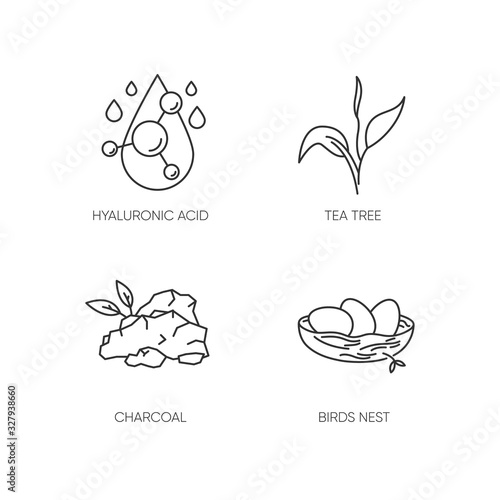 Cosmetic ingredient pixel perfect linear icons set. Hyaluronic acid. Tea tree. Skincare treatment. Customizable thin line contour symbols. Isolated vector outline illustrations. Editable stroke