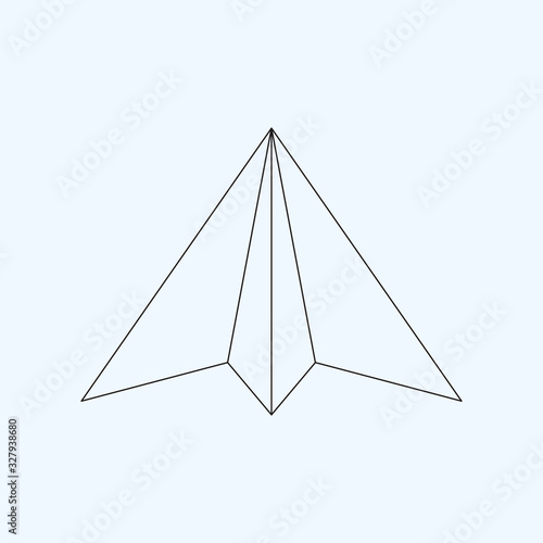 Paper plane flat line icon isolated on light blue background. Contour symbol of a papercraft origami airplane. Vector eps8 linear illustration.