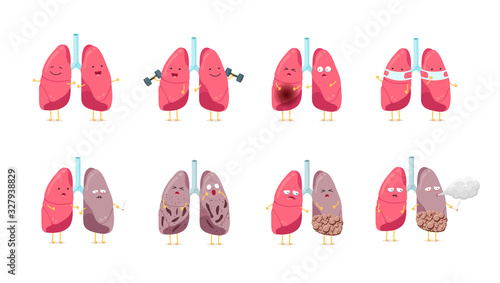 Sad sick unhealthy and healthy strong happy smiling cute lung character set. Human anatomy respiratory system internal organ funny cartoon collection. Vector mascot illustration