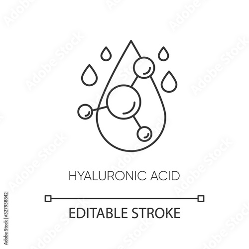 Hyaluronic acid pixel perfect linear icon. Hydrating formula. Collagen to prevent wrinkles. Thin line customizable illustration. Contour symbol. Vector isolated outline drawing. Editable stroke