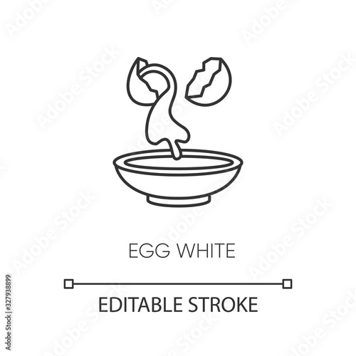 Egg white pixel perfect linear icon. Cracked shell with albumen. Protein source. Thin line customizable illustration. Contour symbol. Vector isolated outline drawing. Editable stroke