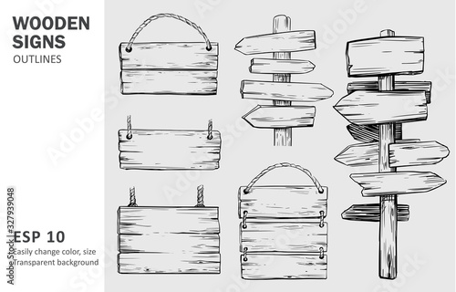 Sketches of wooden signs, hand drawn vector. Outline on transparent background