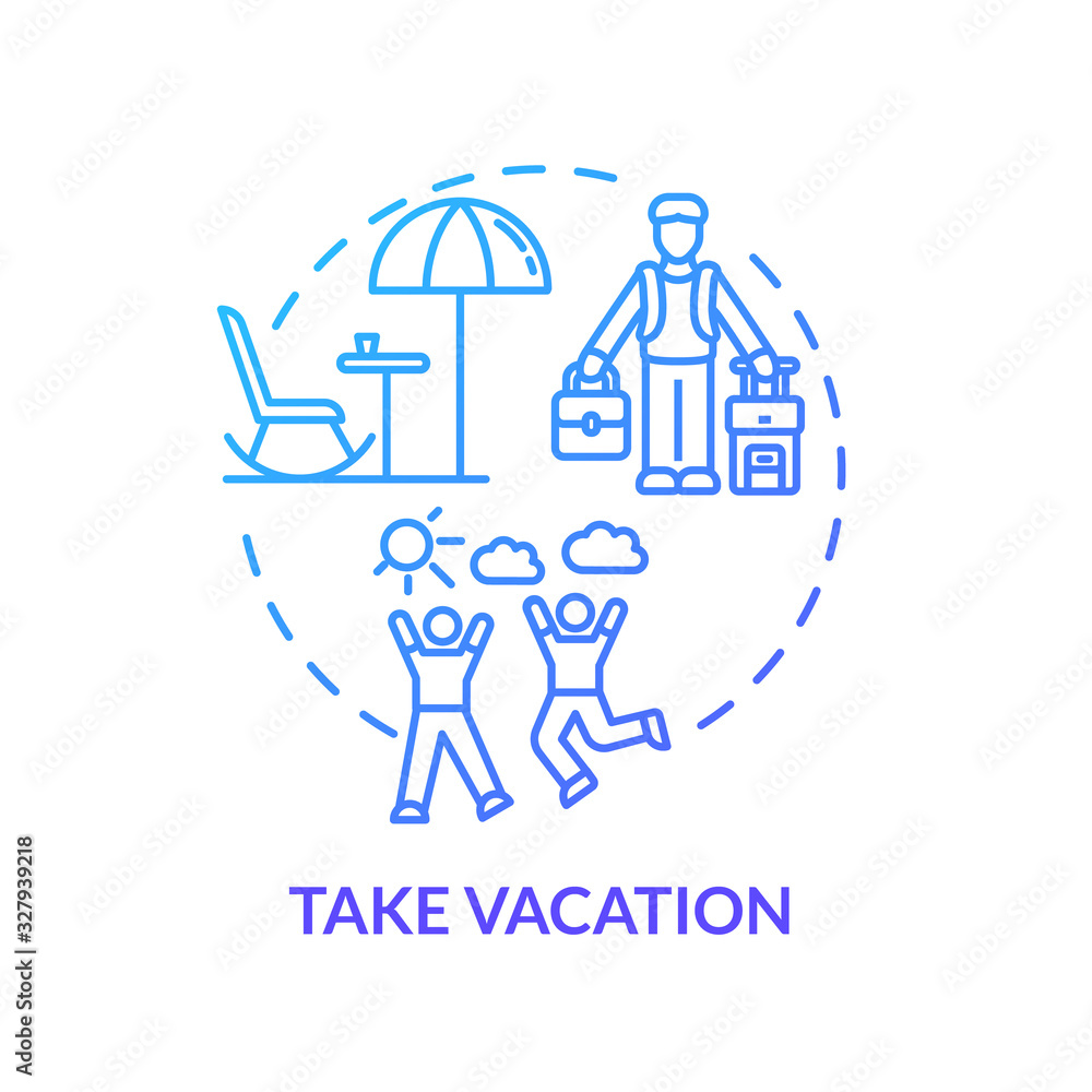 Take vacation blue concept icon. Plan adventure. Traveling abroad. Rest from work. Recreation outside. Avoid burnout idea thin line illustration. Vector isolated outline RGB color drawing