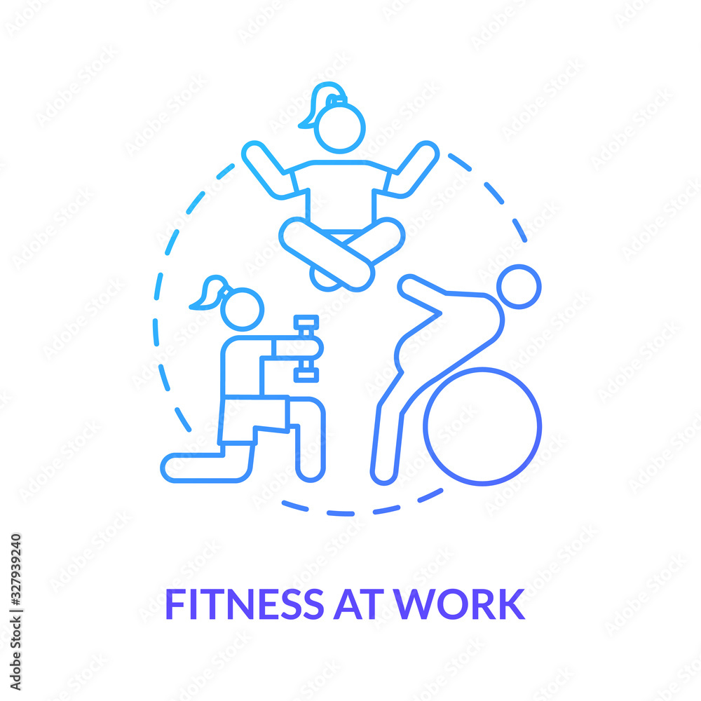 Fitness at work blue concept icon. Yoga break. Healthy lifestyle. Woman exercising at work. Physical pain relief. Prevent burnout idea thin line illustration. Vector isolated outline RGB color drawing Fitness at work blue concept icon. Yoga break. Healthy lifestyle. Woman exercising at work. Physical pain relief. Prevent burnout idea thin line illustration. Vector isolated outline RGB color drawing