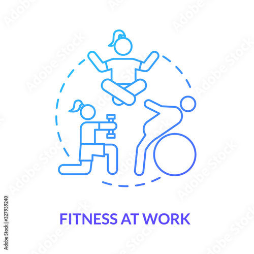 Fitness at work blue concept icon. Yoga break. Healthy lifestyle. Woman exercising at work. Physical pain relief. Prevent burnout idea thin line illustration. Vector isolated outline RGB color drawing