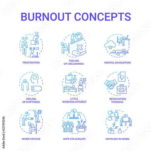 Burnout blue concept icons set. Feeling of emptiness. Work fatigue. Mental exhaustion. Little working interest. Frustration idea thin line RGB color illustrations. Vector isolated outline drawings