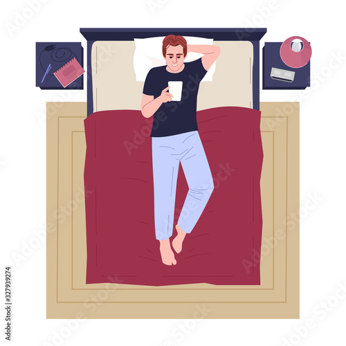 Man spending time with smartphone top view semi flat RGB vector illustration. Handsome guy lying on bed, social media chatting, communicating online in bedroom isolated cartoon character on white