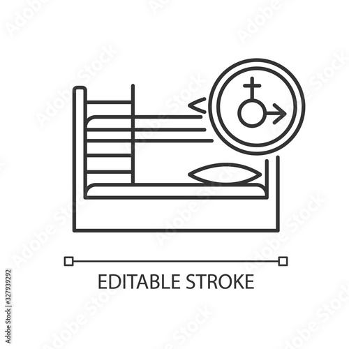 Mixed dorm pixel perfect linear icon. Shared dormitory room. Common bedroom. Bunk bed. Hostel. Thin line customizable illustration. Contour symbol. Vector isolated outline drawing. Editable stroke