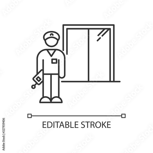 Night dorm watchman pixel perfect linear icon. Security guard, warden. Hotel security. Thin line customizable illustration. Contour symbol. Vector isolated outline drawing. Editable stroke