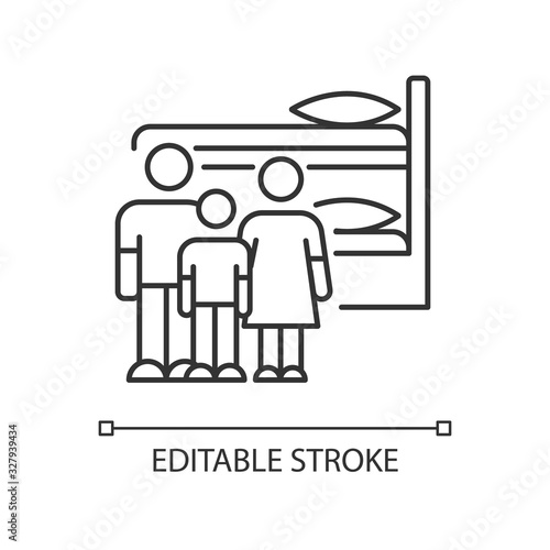 Family dormitory pixel perfect linear icon. Shared dorm room. Common bedroom. Bunk bed. Hostel. Thin line customizable illustration. Contour symbol. Vector isolated outline drawing. Editable stroke