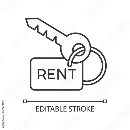 House key pixel perfect linear icon. Rent service. Real estate. Property rental . Renting deal. Thin line customizable illustration. Contour symbol. Vector isolated outline drawing. Editable stroke