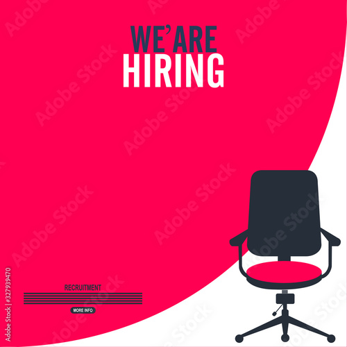 office chair, a sign vacant and inscription we're hiring with icons on background. Business recruiting concept. Vector illustration.