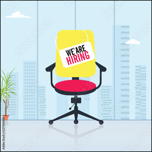 office chair, a sign vacant and inscription we're hiring with icons on background. Business recruiting concept. Vector illustration.