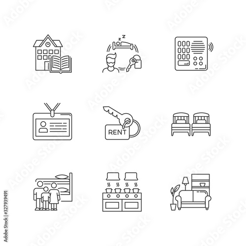 Renting pixel perfect linear icons set. Communal kitchen. Identity card. Living room. Shared space. Customizable thin line contour symbols. Isolated vector outline illustrations. Editable stroke