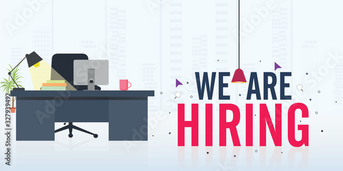 Office Worker Hiring Poster design, We're hiring flat illustration background. - Vector Workplace with a computer in the office.