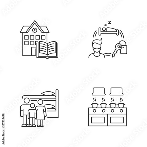 Dormitory pixel perfect linear icons set. Common space. Renting. Campus library. Living conditions. Customizable thin line contour symbols. Isolated vector outline illustrations. Editable stroke