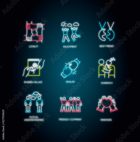 Friendship neon light icons set. Signs with outer glowing effect. Emotional affection, interpersonal bond, social relationship. Togetherness and support. Vector isolated RGB color illustrations