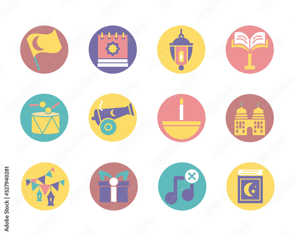 islamic flag and ramadan icon set, block style islamic flag and ramadan icon set, block style