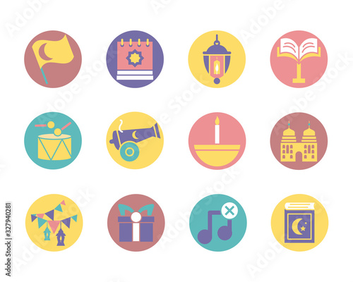 islamic flag and ramadan icon set, block style