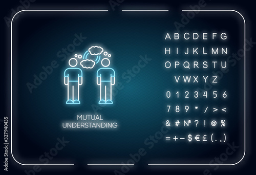 Mutual understanding neon light icon. Outer glowing effect. Sign with alphabet, numbers and symbols. Psychological connection, interpersonal bond, friendship. Vector isolated RGB color illustration