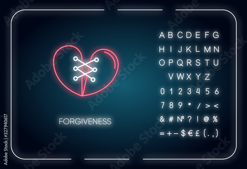 Forgiveness neon light icon. Outer glowing effect. Sign with alphabet, numbers and symbols. Strong interpersonal connection, emotional affection, friendship. Vector isolated RGB color illustration