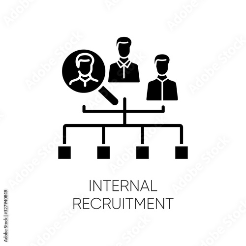 Internal recruitment black glyph icon. Job promotion, career development opportunity silhouette symbol on white space. Vacancy candidate selection, workforce search. Vector isolated illustration