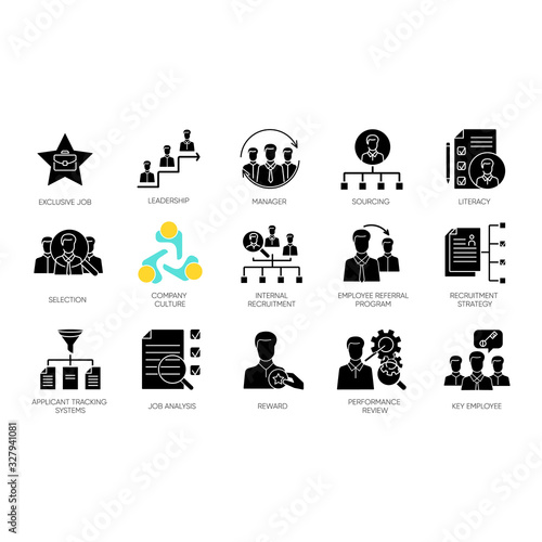 Headhunting black glyph icons set on white space. Human resources management, corporate recruitment, employment silhouette symbols. Executive search, personnel hiring. Vector isolated illustrations