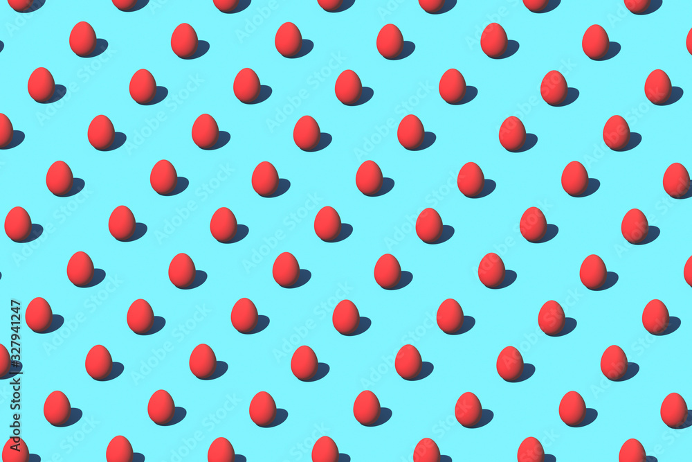 Easter eggs on pastel isometric minimalistic seamless background. Minimal food concept still life pattern. 3D rendering illustration.