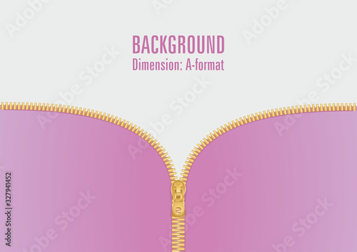 Vector illustration, zipper in gold, pink and purple gradient, gray in one color.