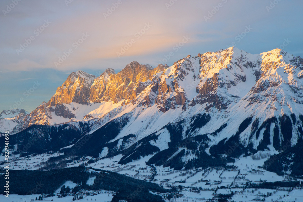 evening light on mountain range, Austrian Alps