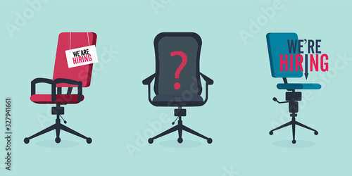 We're hiring with office chair and a sign vacant. Business recruiting design concept. Vector illustration