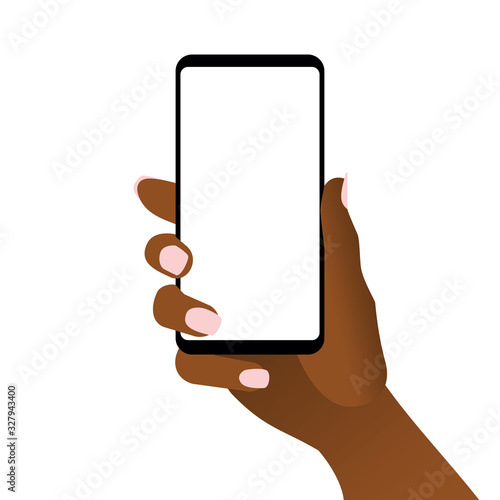 African woman hand holding black smartphone. Modern cellular phone with blank white touch screen in female arm. Concept of using mobile gadget by afro-american women. Flat vector illustration in EPS8.