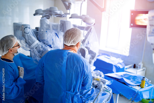 Modern equipment in operating room. Medical devices for neurosurgery. Background. Operating theatre. Selective focus.