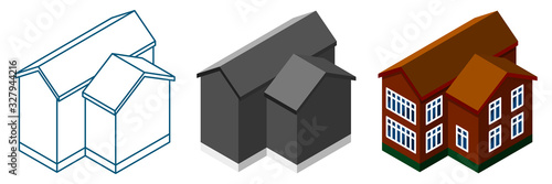 Isometric design of the red house. Scheme of the house. Isolated on a white background. Vector illustration.