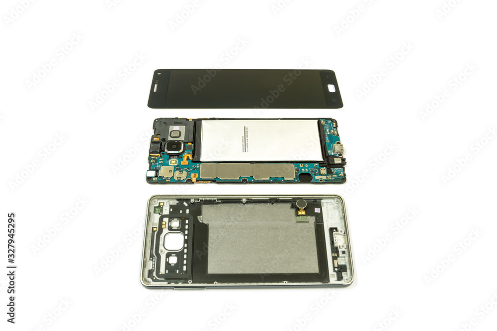 Disassembled smartphone on white background, Repair Service, isolated.