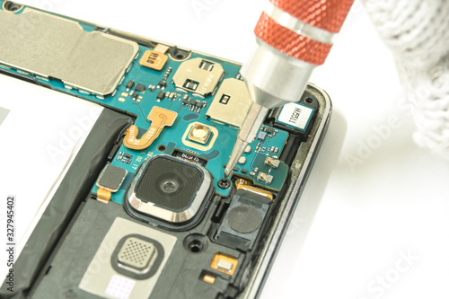 Disassembled smartphone on white background, Repair Service, isolated.