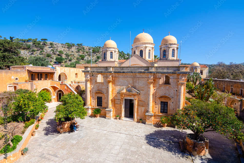 Agia Triada Monastery or the Monastery of Agia Triada Tsangarolon is a Greek Orthodox monastery in the Akrotiri peninsula in the Chania regional unit, Crete, Greece. - obrazy, fototapety, plakaty 
