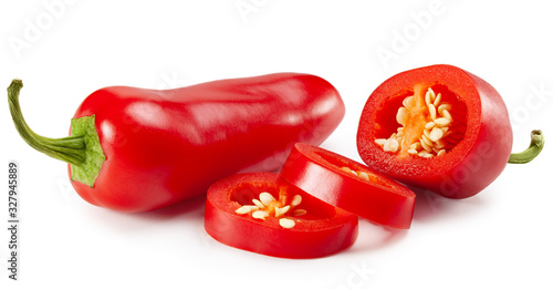 Red jalapeno peppers with slices on white background