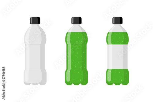 Plastic bottle package set empty with green soda beverage and label. Carbonated drink with bubbles in tare flat isolated vector illustration