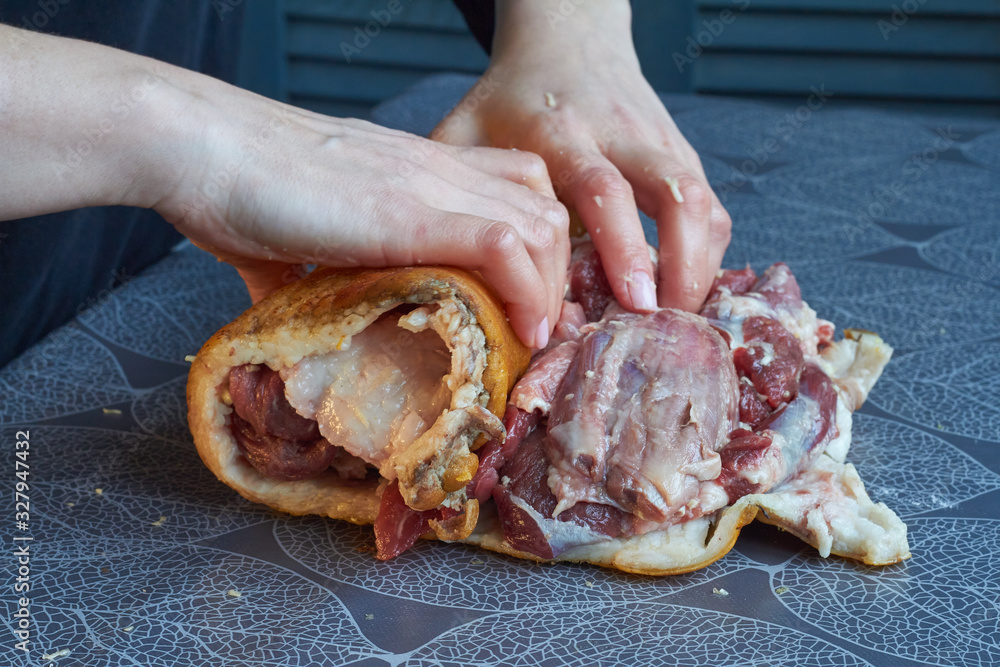 Step-by-step recipe for pork knuckle roll, ketogenic diet, low-carb diet, selective focus