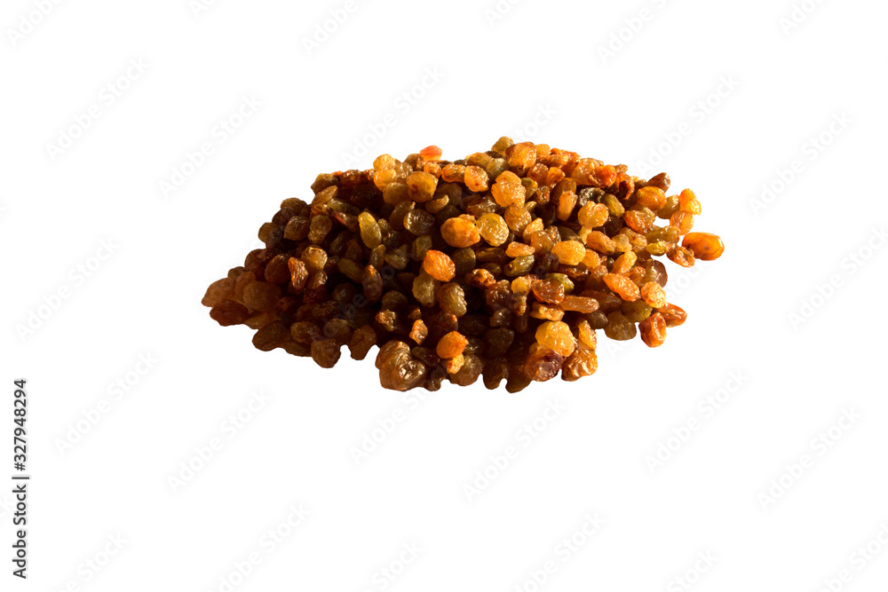 Raisins on a white background. A bunch of dried white grapes for cooking. Useful fortified food for a healthy diet.