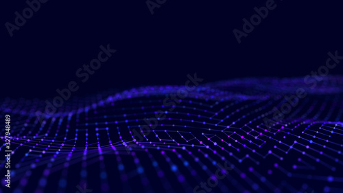 Network connection structure. Wave with the connection of points and lines. Big data. 3D rendering.