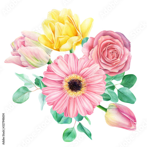 Watercolor flowers  bouquet of beautiful tulips  rose and gerbera on an isolated background  hand drawing  spring card