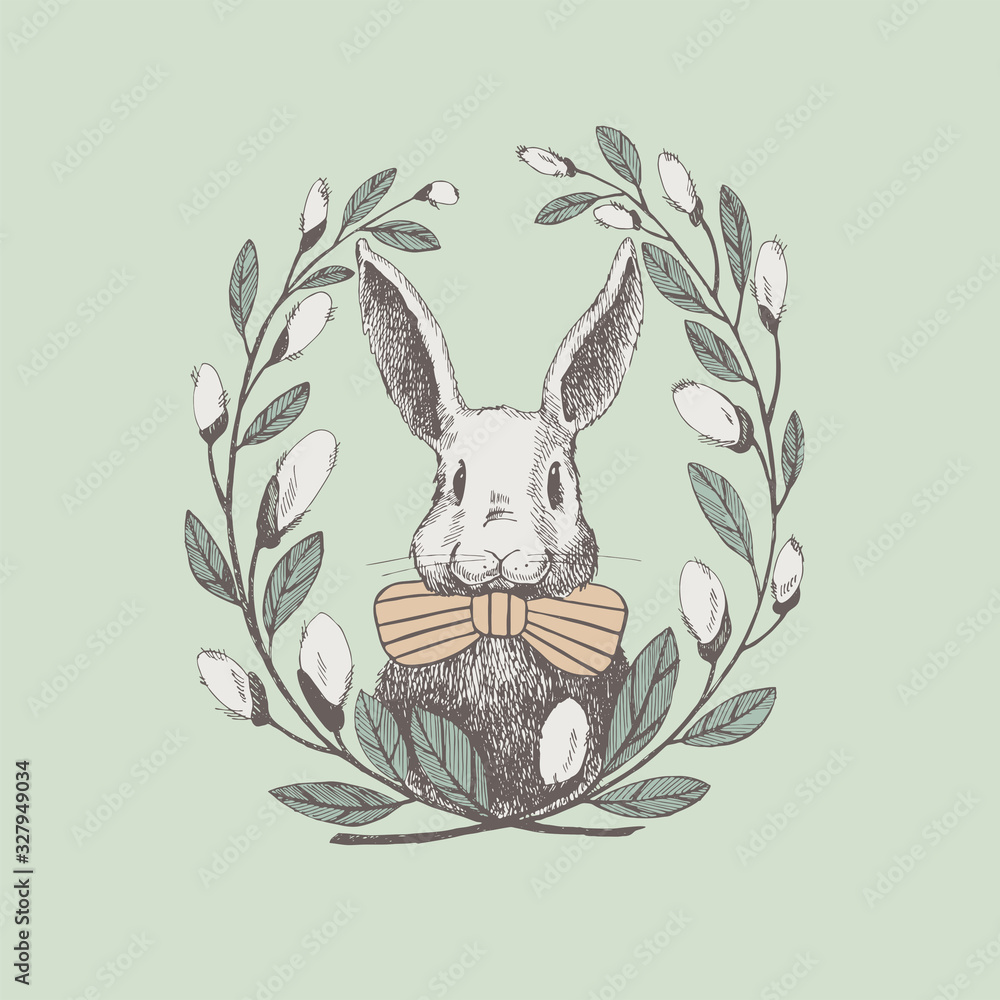 Fototapeta Cute white rabbit in a frame of willow twigs. Vector spring holiday greeting poster design element. Vintage illustration of a funny hare. Cozy design of an Easter card.