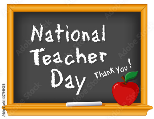 National Teacher Day, Thank you!  Annual USA holiday on Tuesday of 1st full week of May.  Chalk text on blackboard with red apple.